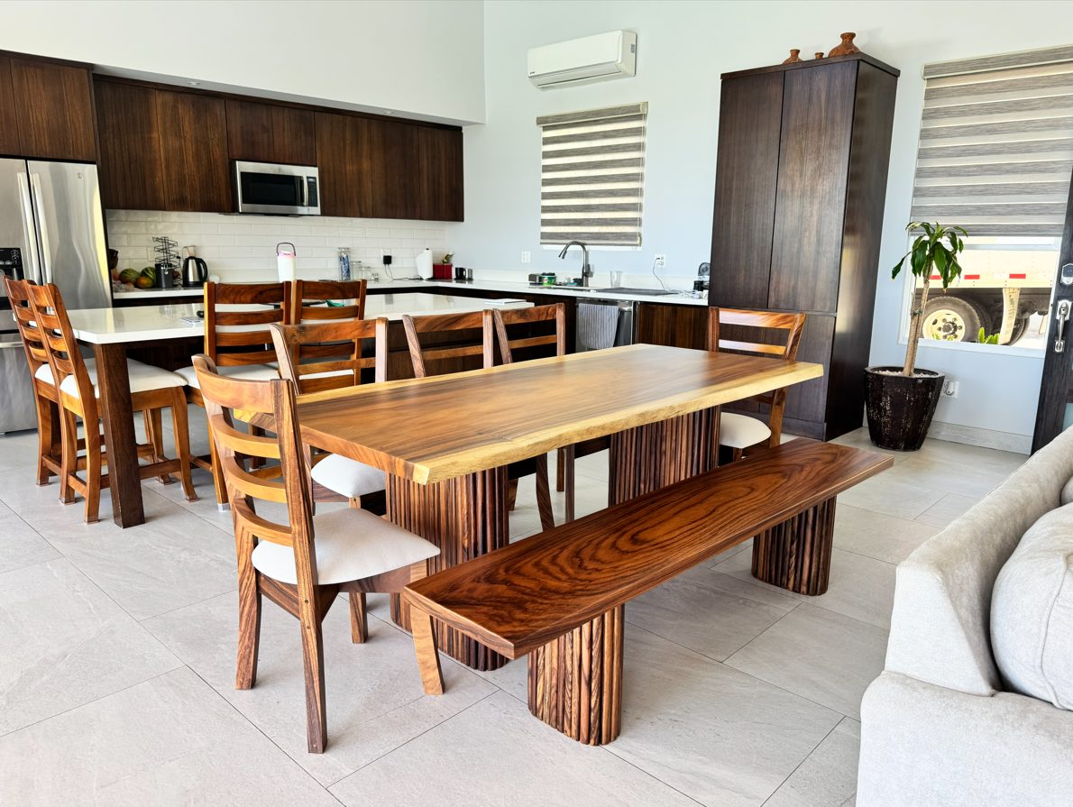Dining table, bench, and chairs in solid wood